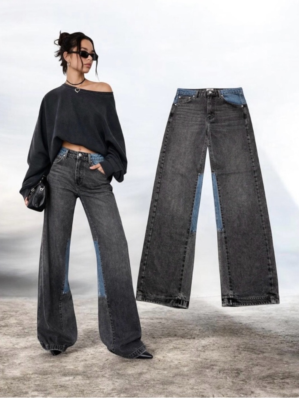 Zara Two-Tone Black & Blue Wide Leg Flare Jeans
